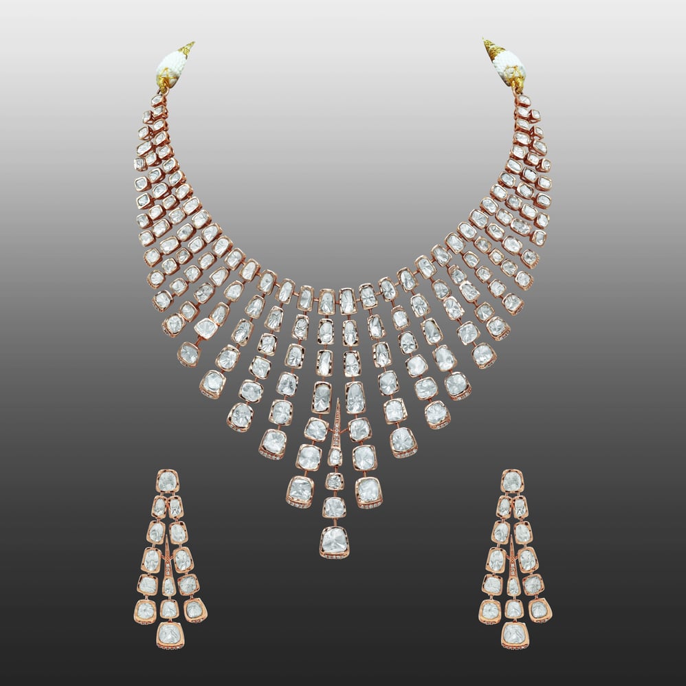 Rose Gold Polki Necklace Set with Cascading Fan-Like Design